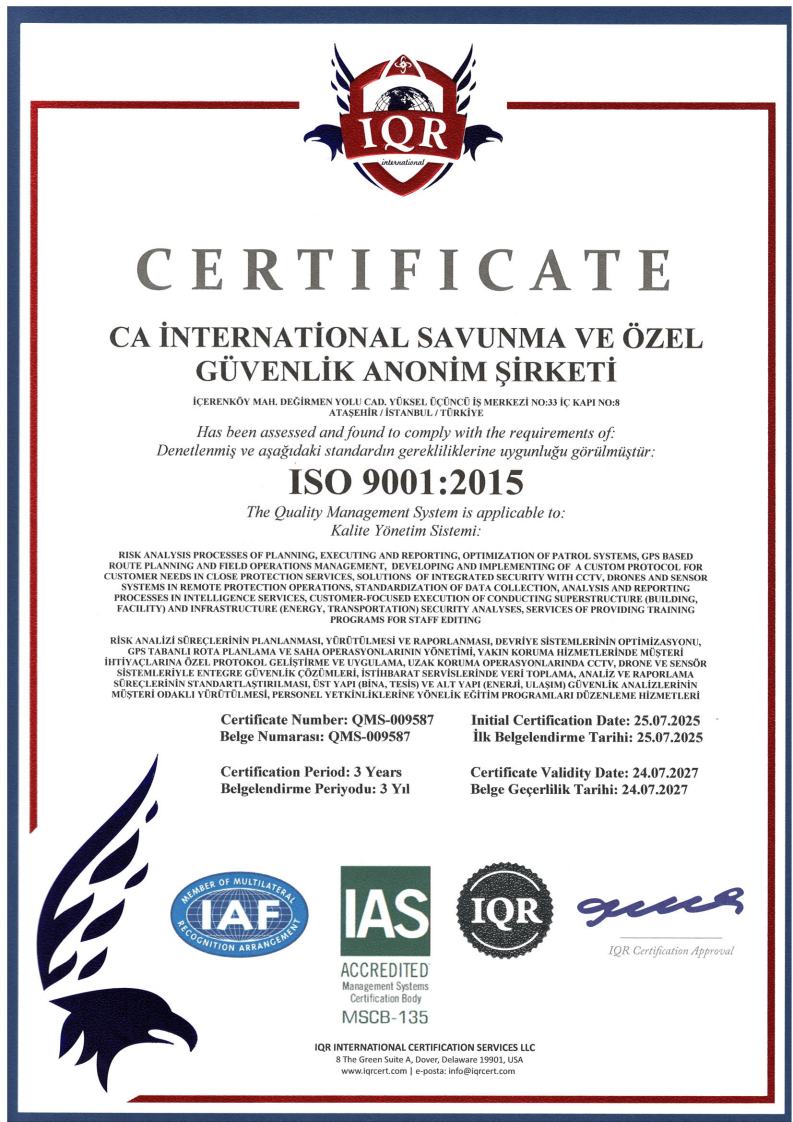 ISO 9001 Kalite Yönetim Sistemi Sertifikası - CA International