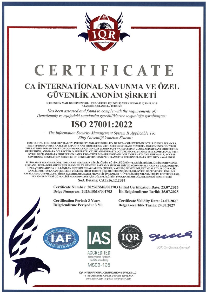 ISO 27001 Bilgi Güvenliği Yönetim Sistemi Sertifikası - CA International