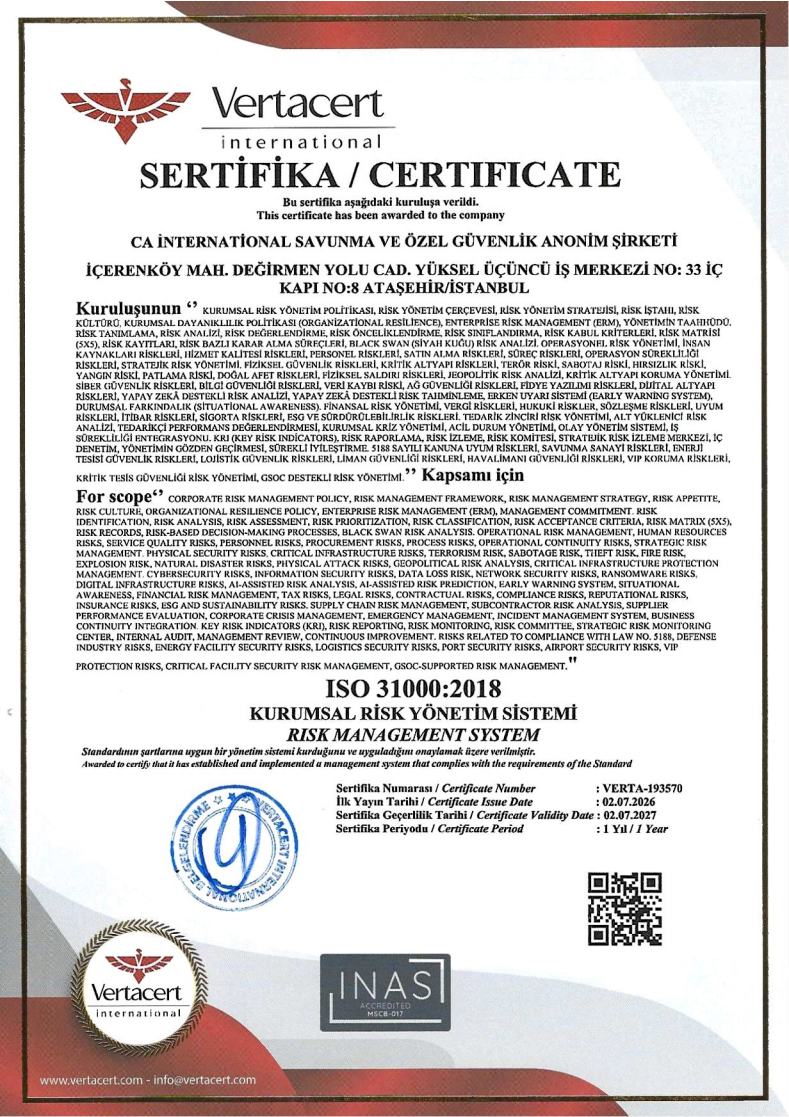 ISO 31000 Kurumsal Risk Yönetimi Sertifikası - CA International