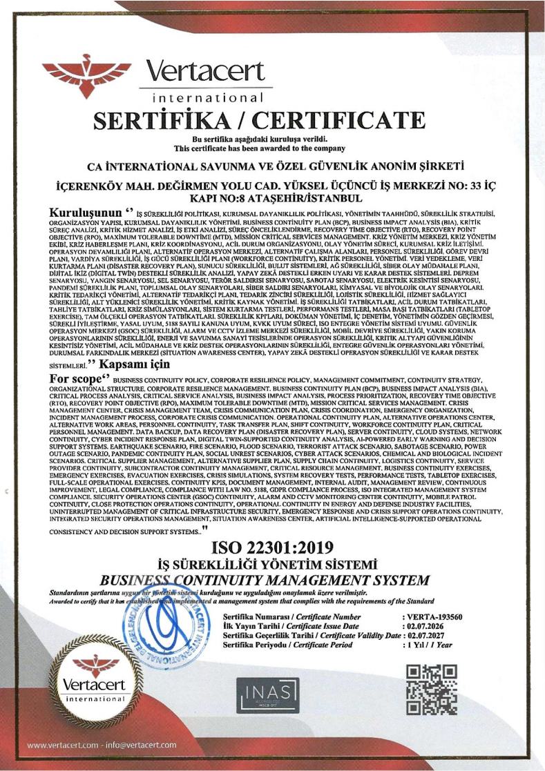 ISO 22301 İş Sürekliliği Yönetim Sistemi Sertifikası - CA International