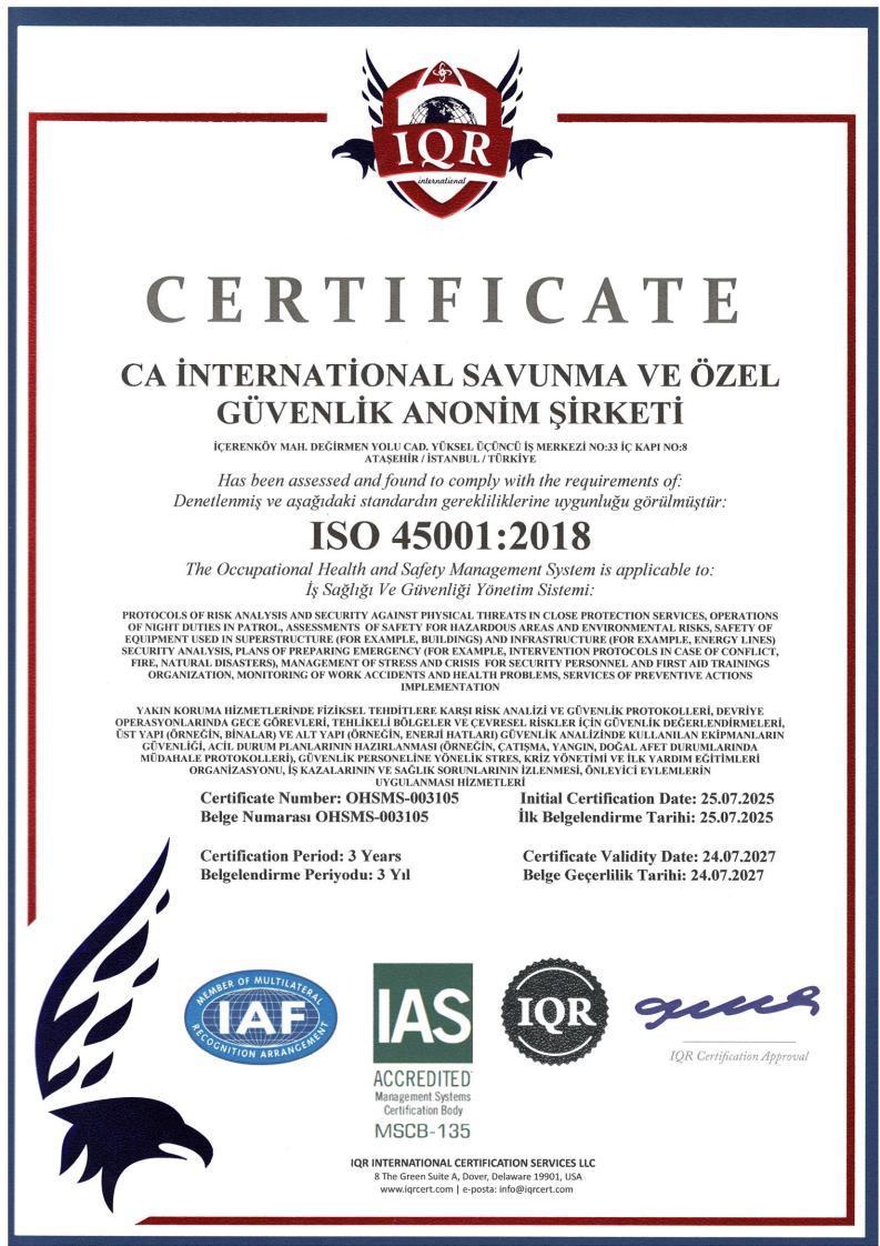 ISO 45001 İş Sağlığı ve Güvenliği Yönetim Sistemi Sertifikası - CA International