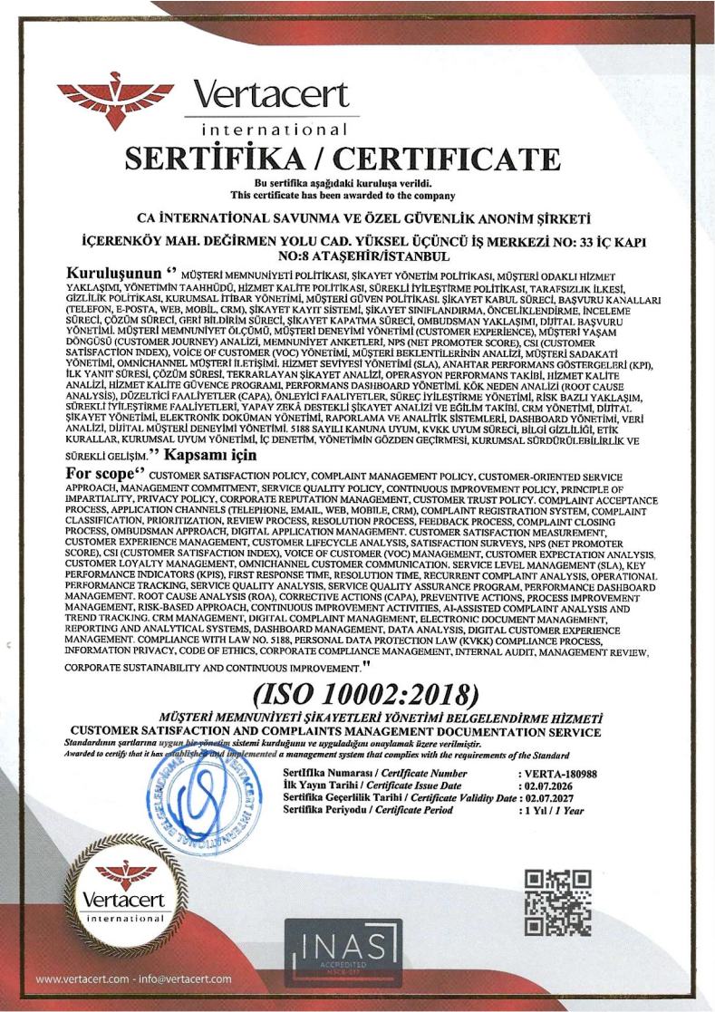 ISO 10002 Müşteri Memnuniyeti Yönetim Sistemi Sertifikası - CA International