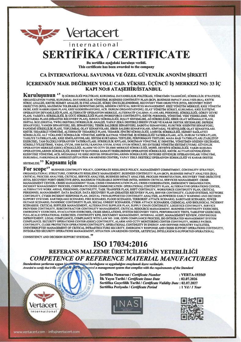 ISO 17034 Referans Malzeme Üreticileri Yetkinliği Sertifikası - CA International