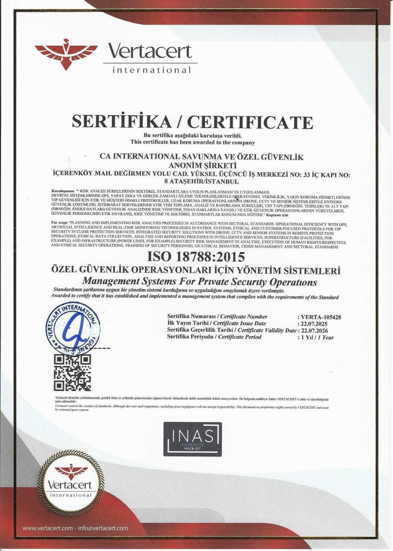 ISO 18788 Özel Güvenlik Operasyonları Yönetim Sistemi Sertifikası - CA International